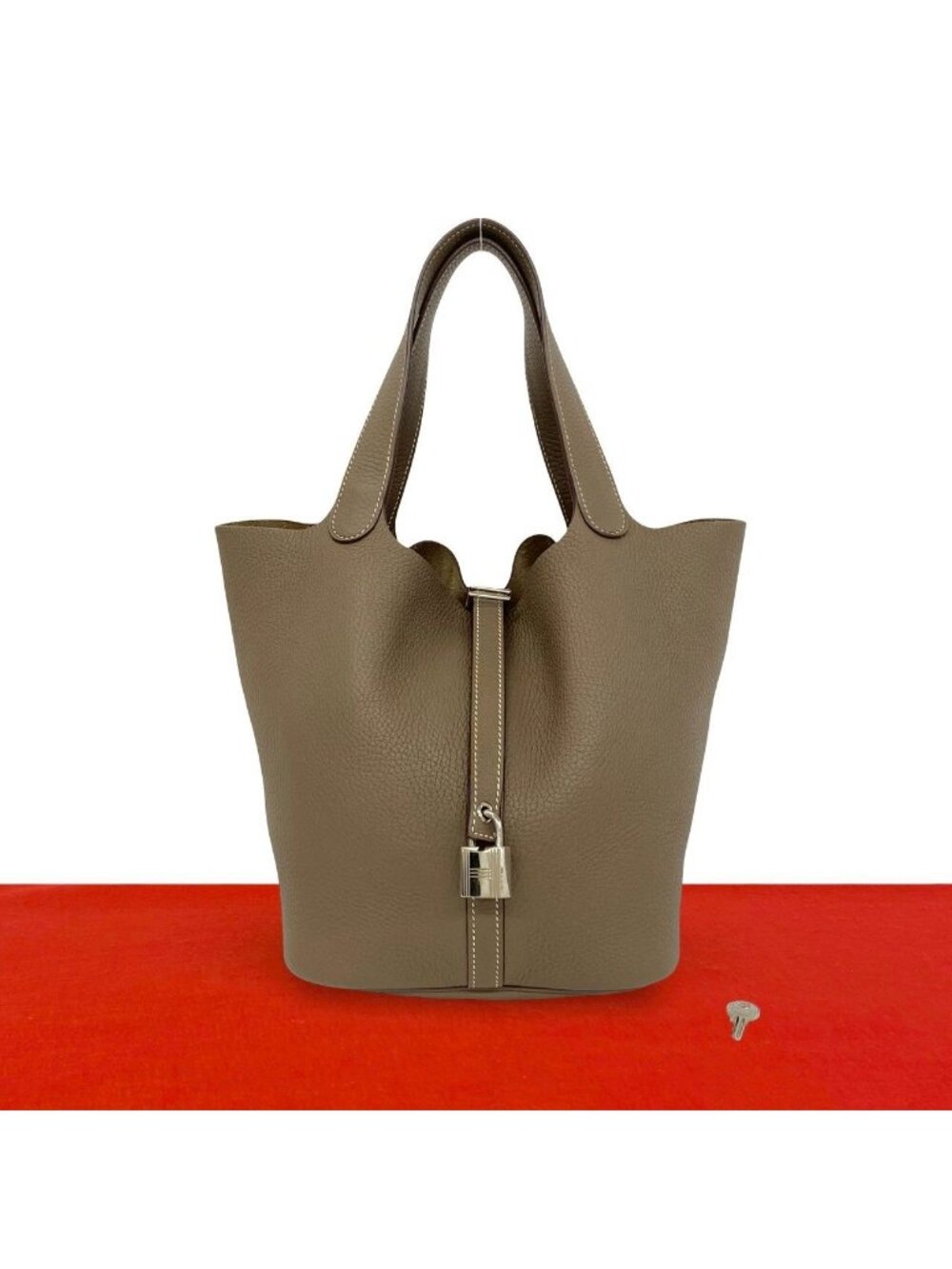 Hermes Keyed Picotin Lock MM Taurillon Clemence Etoupe Leather Handbag Mini Tote